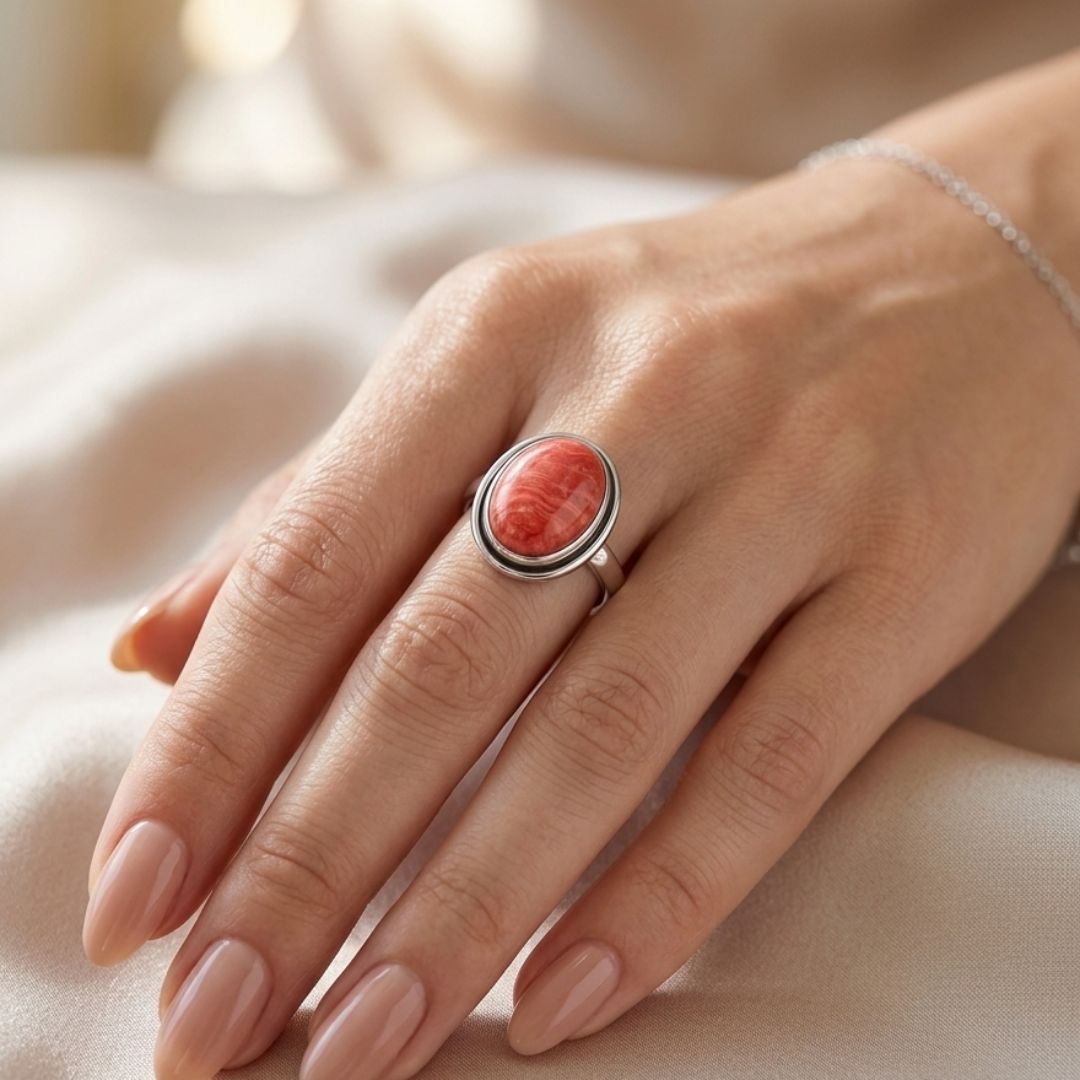 Elegant Oval Coral Gemstone Oxidized Silver Ring