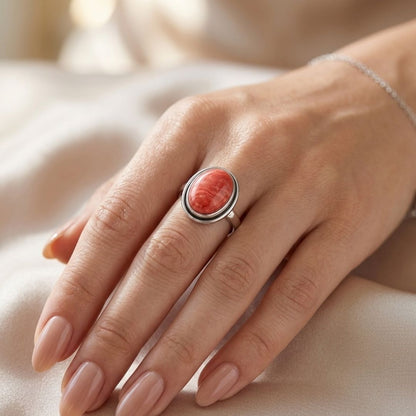 Elegant Oval Coral Gemstone Oxidized Silver Ring