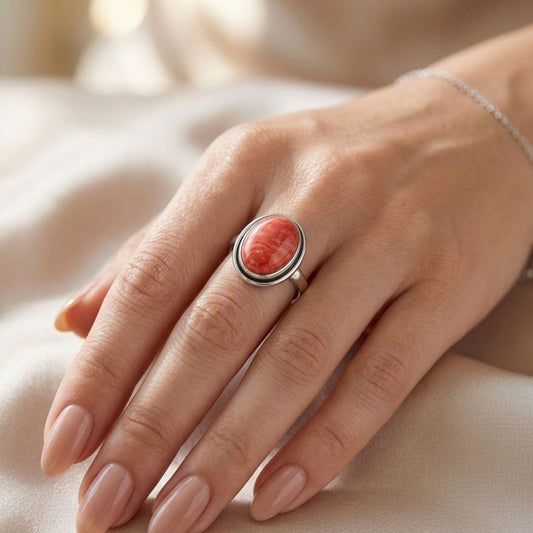 Elegant Oval Coral Gemstone Oxidized Silver Ring