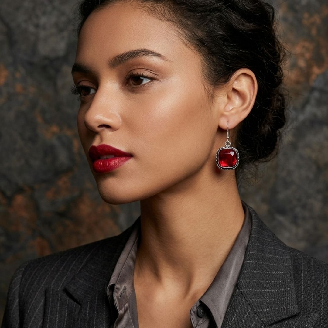 Vintage-Inspired Red Glass Drop Earrings – Silver Tone Dangle Earrings