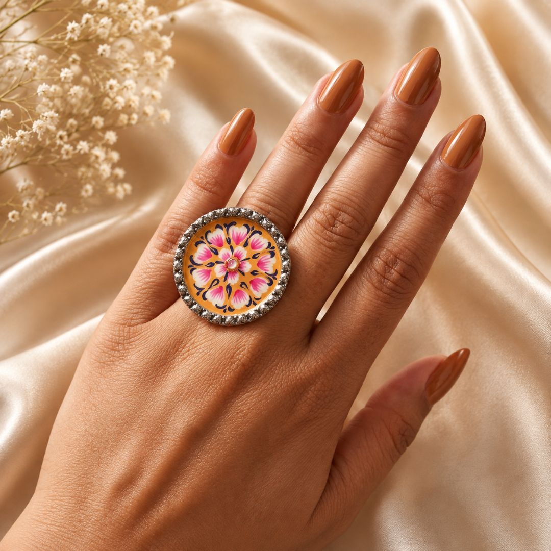 Elegant Meenakari Orange Floral Silver Adjustable Finger Ring