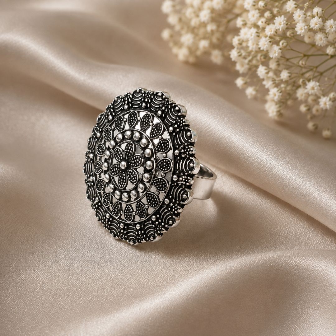 Oxidized German Silver Intricate Mandala Statement Ring