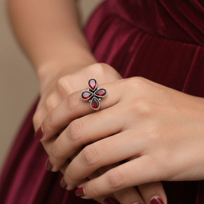 Vintage Style Oxidized Silver Ring with Ruby-Red Stones