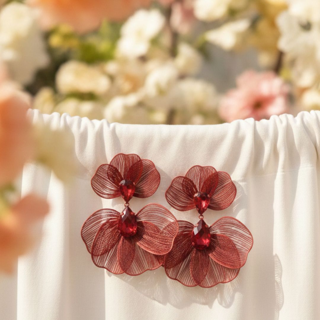 Maroon Floral Statement Earrings for Women – Lightweight Party Wear Earrings for Girls