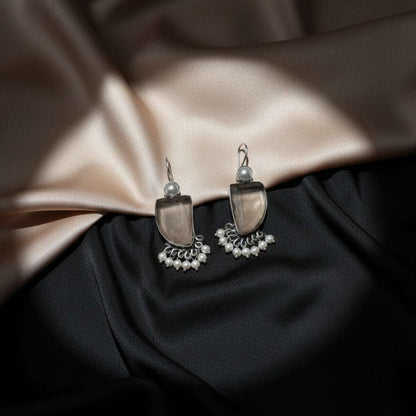 Oxidized Light Brown Stone & Pearl Danglers