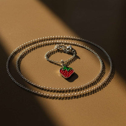 Strawberry Charm Pendant Necklace – Kids Silver Chain