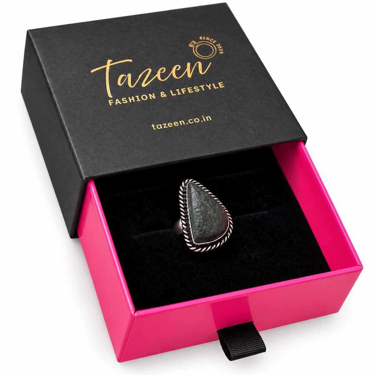 Raw Black Stone Statement Ring – Oxidized Silver-Tone Tribal Boho Jewelry