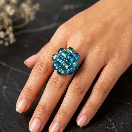 Handmade Blue & Teal Beaded Wire Wrap Statement Ring