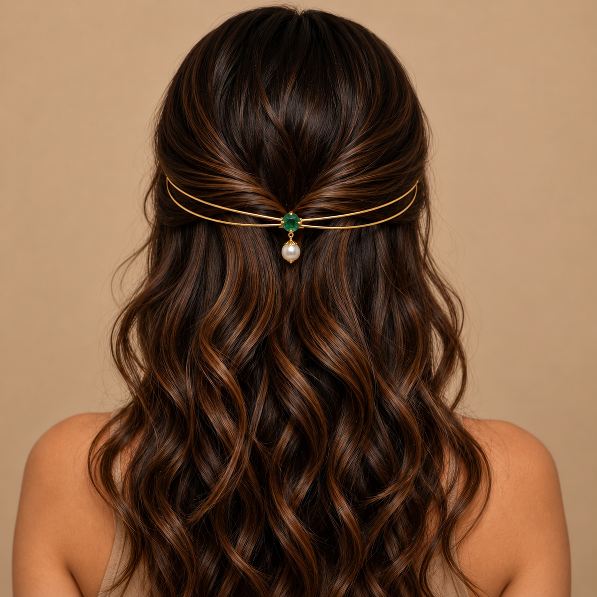Gold-Plated Blue Green Stone Pearl Hairlet for Women