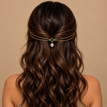 Gold-Plated Blue Green Stone Pearl Hairlet for Women