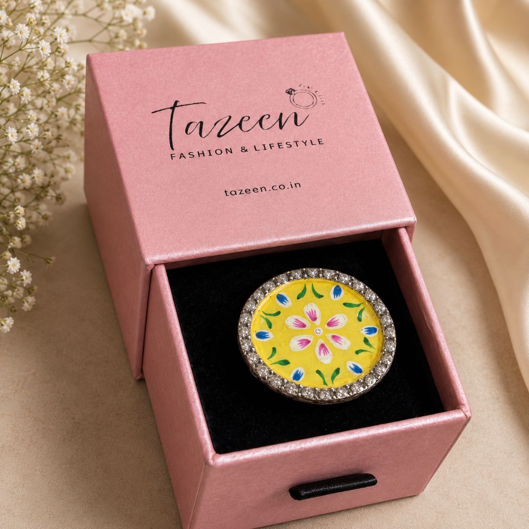 Elegant Meenakari Yellow Floral Silver Adjustable Finger Ring