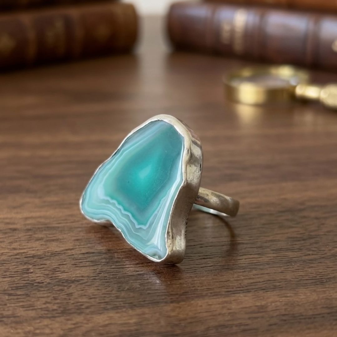Green Agate Slice Statement Ring – Natural Stone Silver Ring