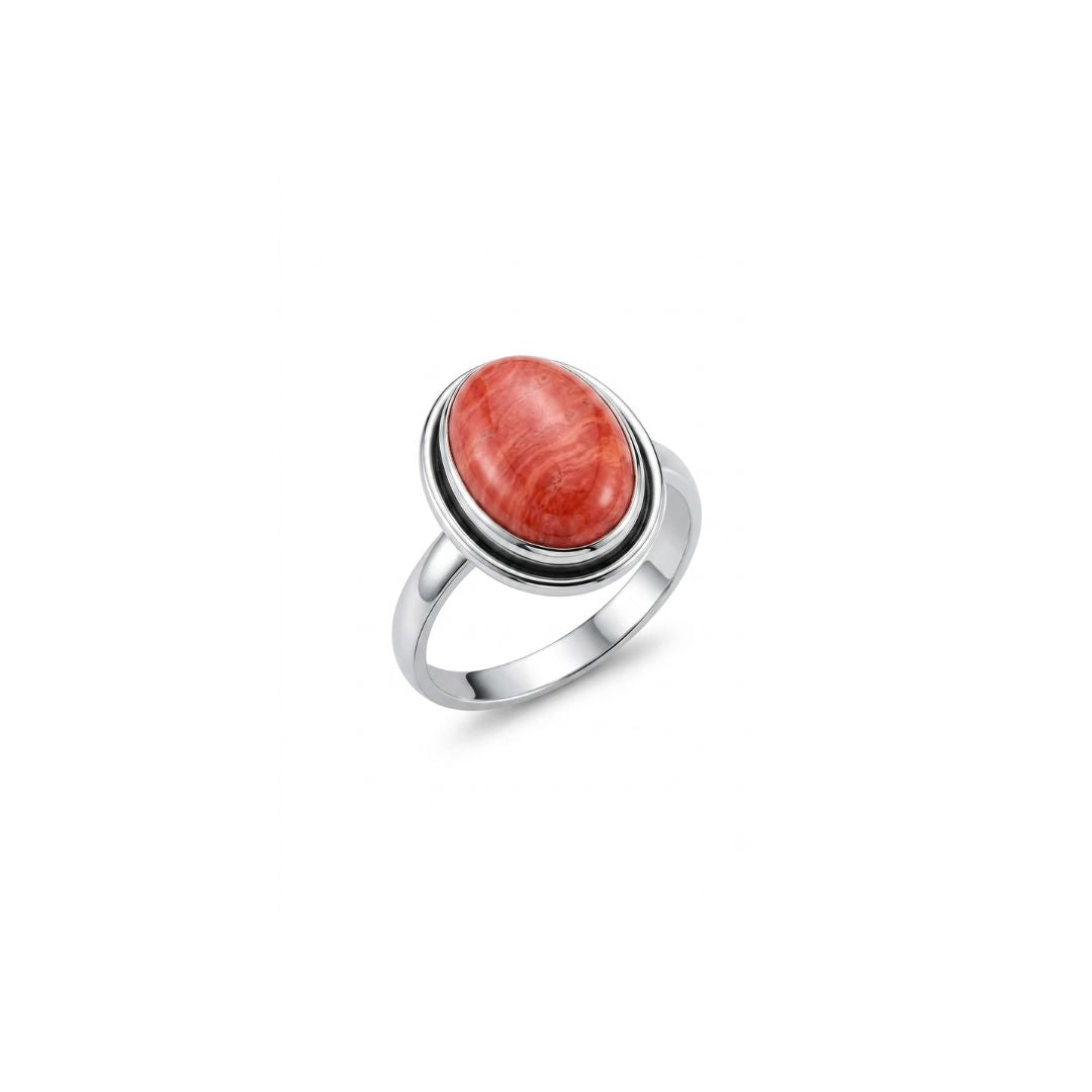 Elegant Oval Coral Gemstone Oxidized Silver Ring