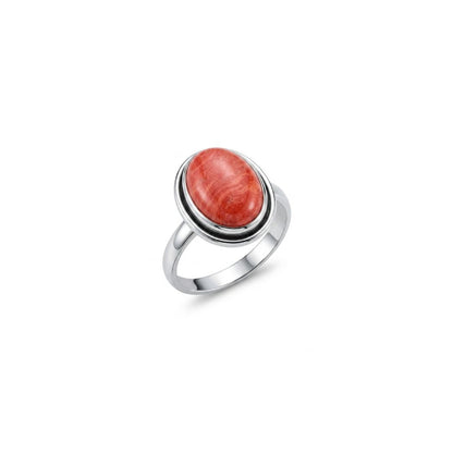 Elegant Oval Coral Gemstone Oxidized Silver Ring