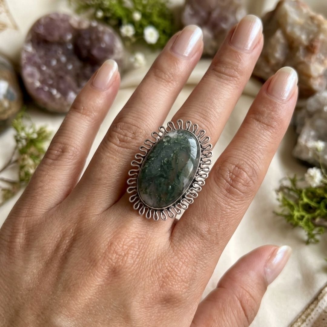 Elegant Oxidised Silver Adjustable Ring with Green Stone