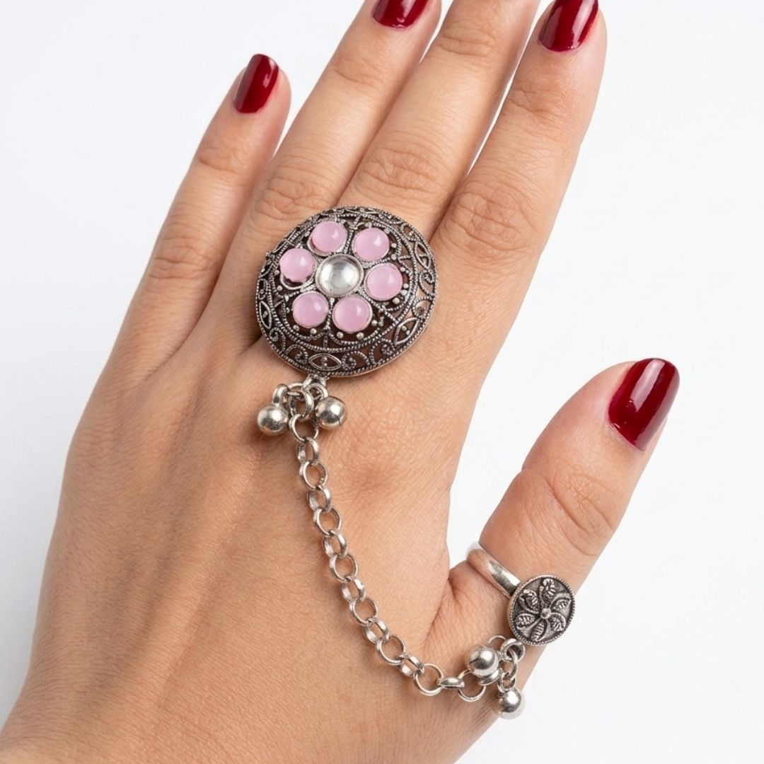 Oxidized German Silver kashmiri style Pink Stone Floral Chain Hand Harness Ring