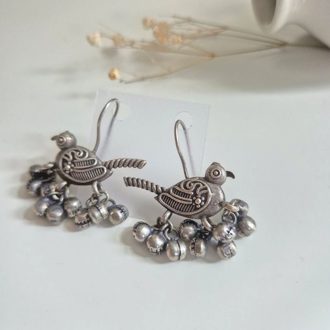 German Silver Bird Ghungroo Earrings | Oxidized Tribal Bird Earrings for Women