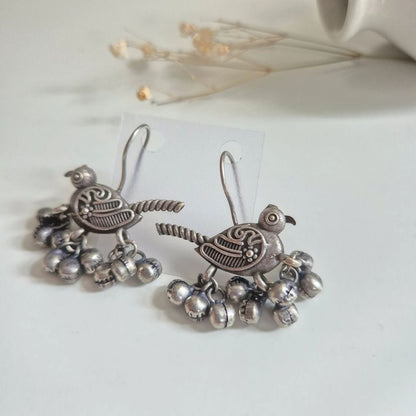 German Silver Bird Ghungroo Earrings | Oxidized Tribal Bird Earrings for Women