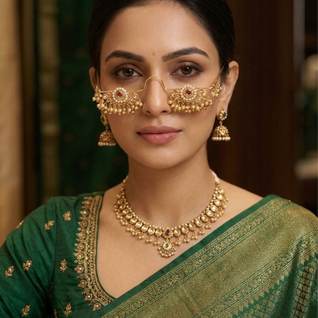 Traditional Brass Kundan Pearl Chandbali Hair Accessory with Ghungroo Facelet