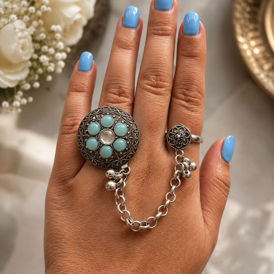 Oxidized German Silver Kashmiri-Style Mint Green Stone Floral Chain Hand Harness Ring