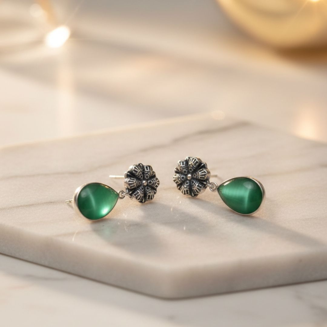 Antique Silver Floral Drop Earrings with Emerald Green Stone