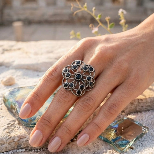 Oxidized German Silver Black Stone Floral Statement Ring