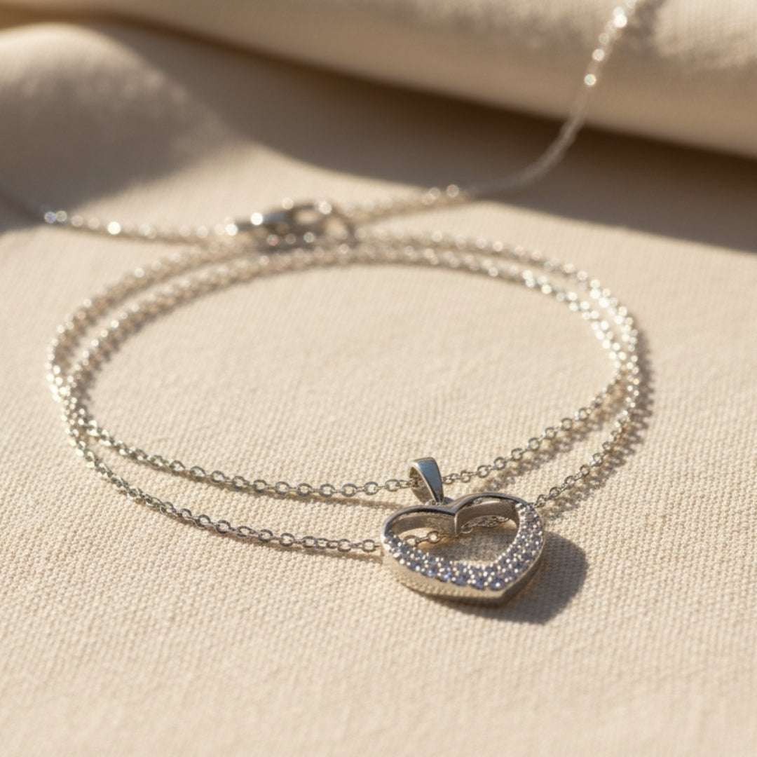 Silver Open Heart Pendant Necklace – Crystal Accent