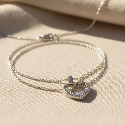 Silver Open Heart Pendant Necklace – Crystal Accent