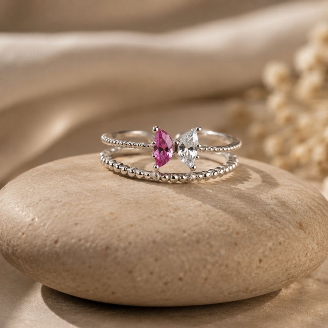Silver Coated Twin Marquise Diamond Ring