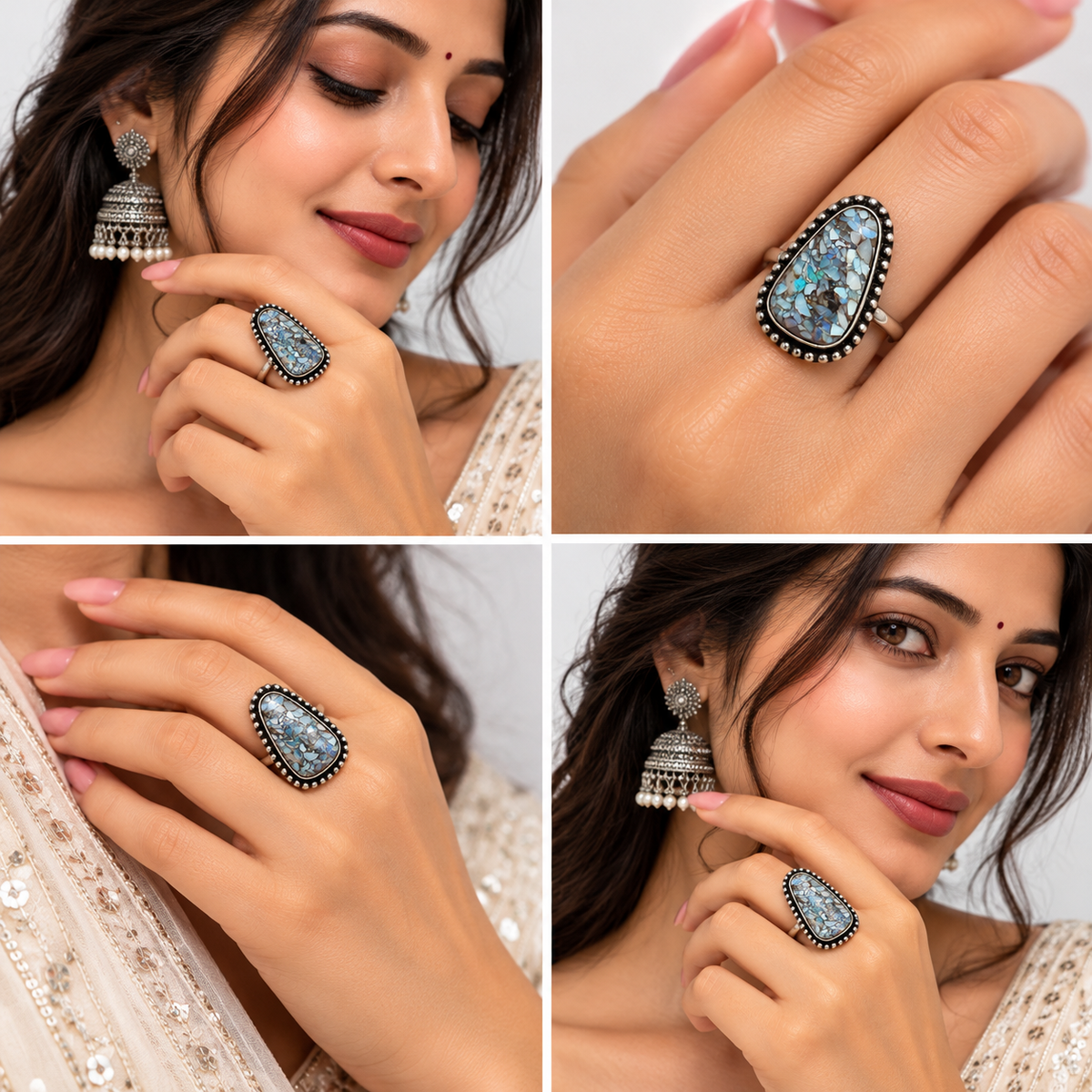 Oxidised Silver Opal Mosaic Statement Ring