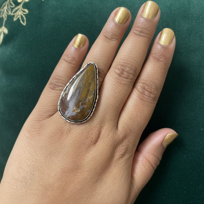 Natural Stone Teardrop Oxidised Silver Statement Ring