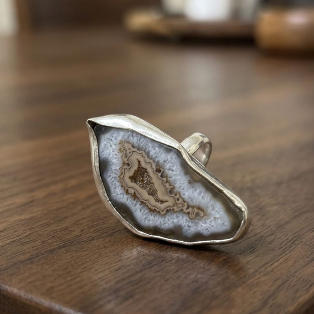 Natural Druzy Agate Slice Ring – Organic Statement Silver Ring