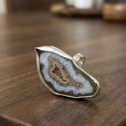 Natural Druzy Agate Slice Ring – Organic Statement Silver Ring