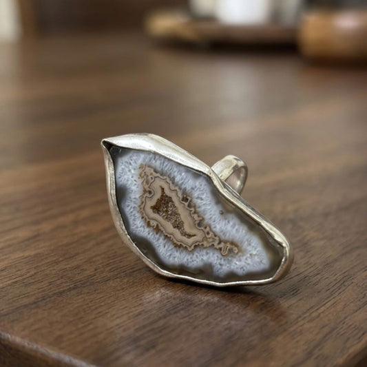 Natural Druzy Agate Slice Ring – Organic Statement Silver Ring