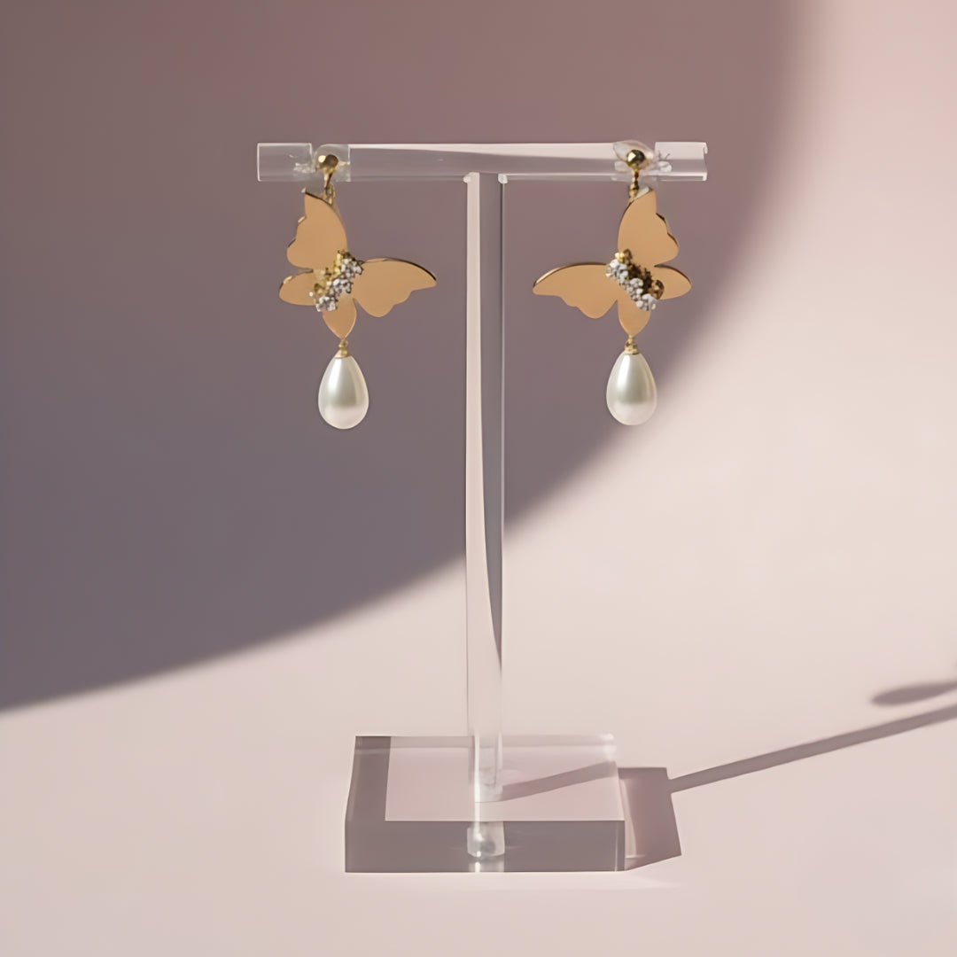 Gold Butterfly Pearl Drop Earrings