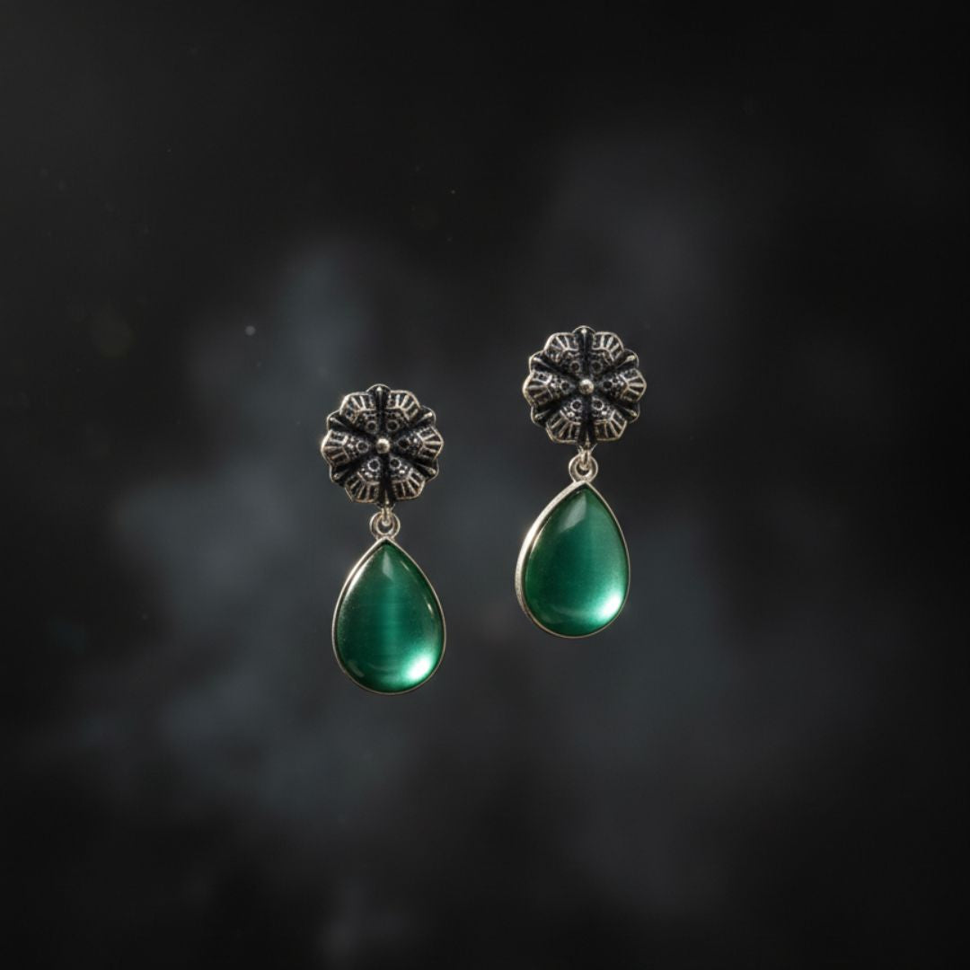 Antique Silver Floral Drop Earrings with Emerald Green Stone