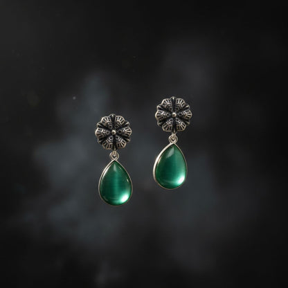 Antique Silver Floral Drop Earrings with Emerald Green Stone