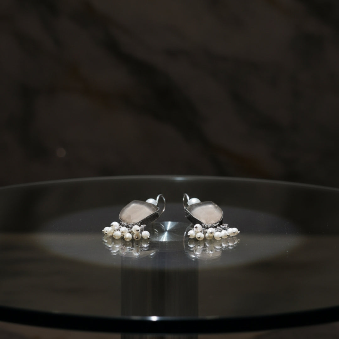 Oxidized Light Brown Stone & Pearl Danglers