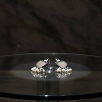 Oxidized Light Brown Stone & Pearl Danglers