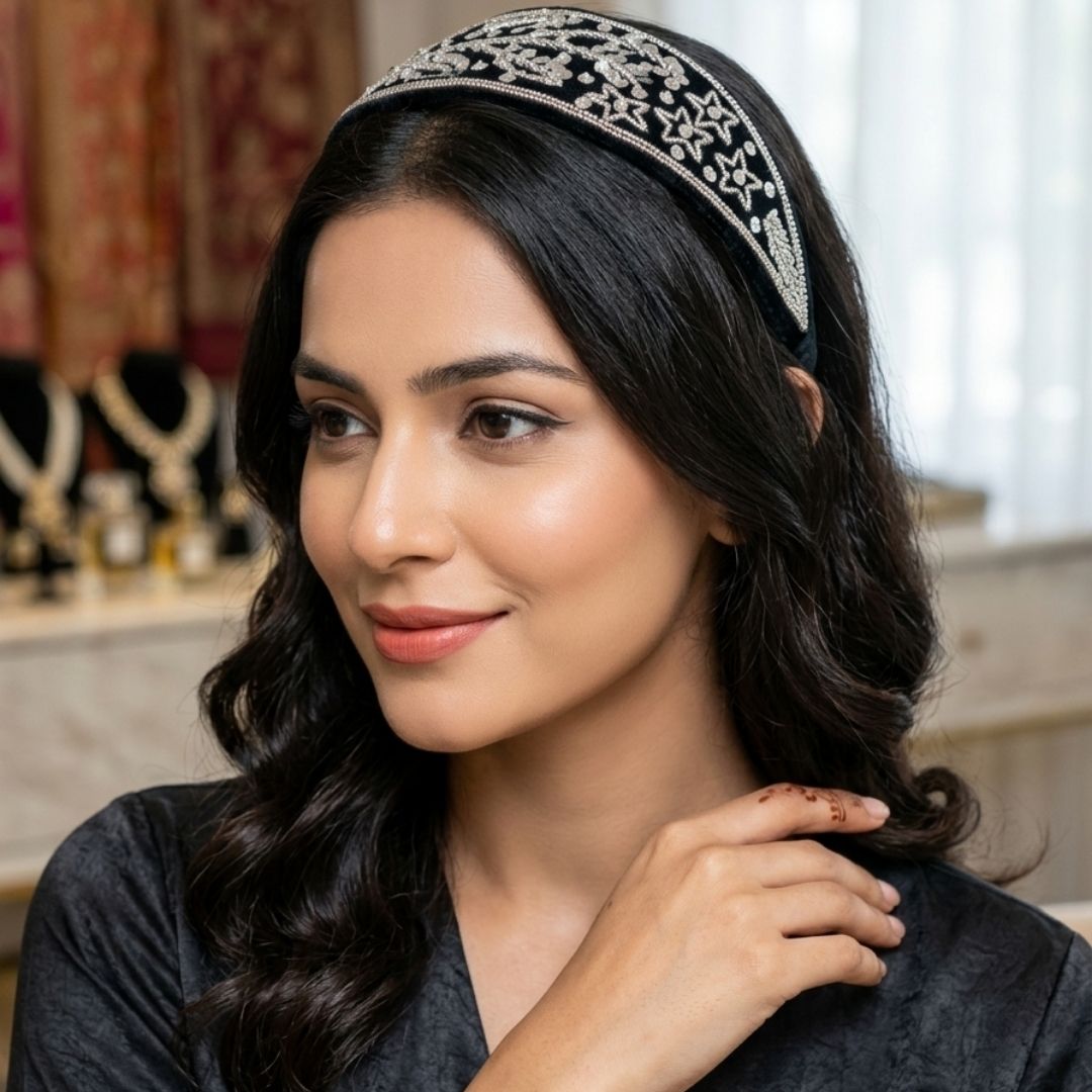 Handmade Premium Velvet Embellished Hairband with Sequins & Star Detailing