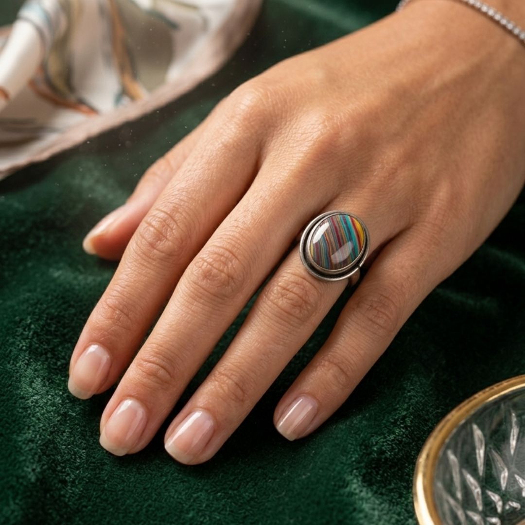 Vintage Rainbow Striped Oval Gemstone Oxidized Silver Ring