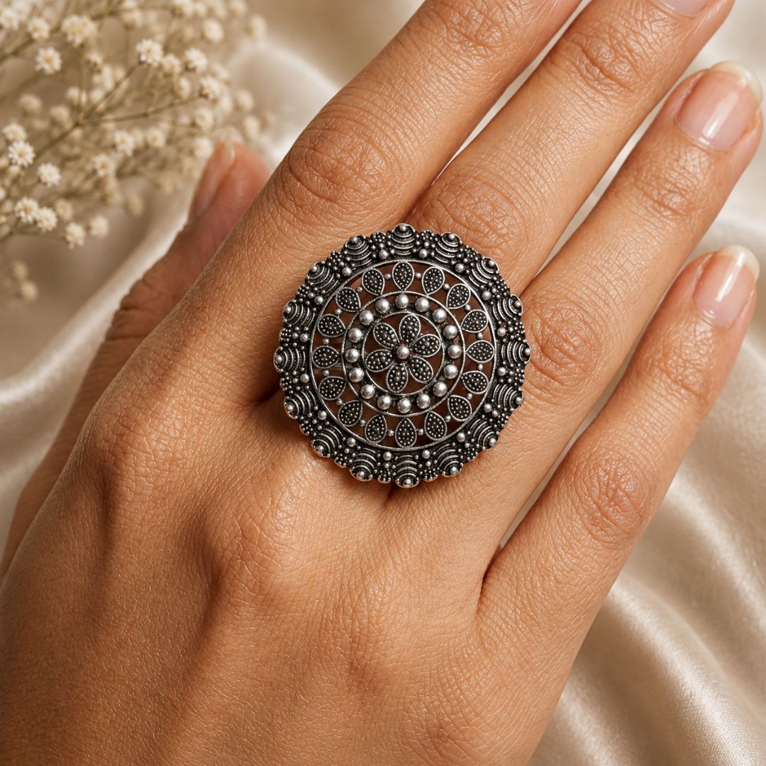 Oxidized German Silver Intricate Mandala Statement Ring