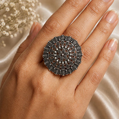 Oxidized German Silver Intricate Mandala Statement Ring