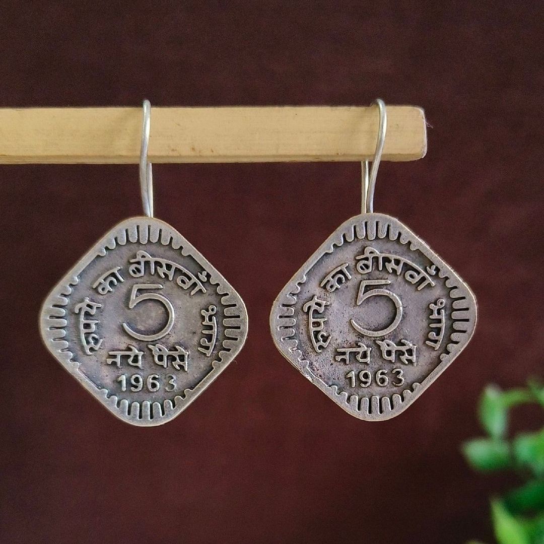 Vintage German Silver 5 Paisa Coin Earrings | Oxidized Heritage-Inspired Jewelry