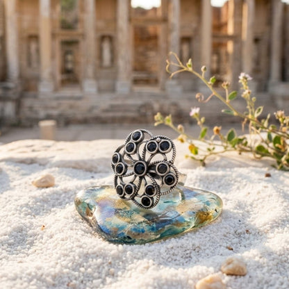 Oxidized German Silver Black Stone Floral Statement Ring