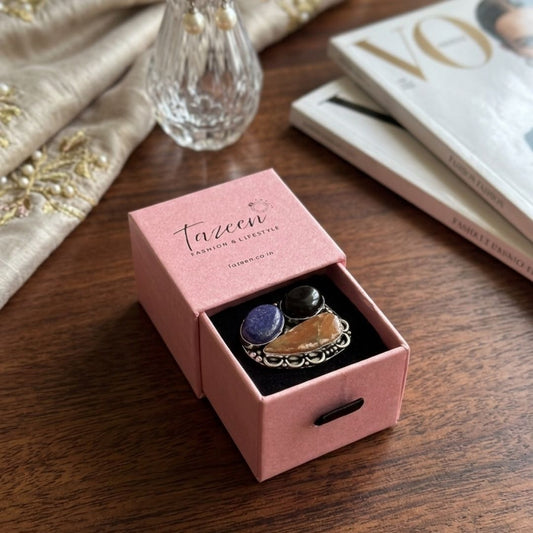 Bohemian Multi-Stone Statement Ring with Gift Box – Oxidized Silver
