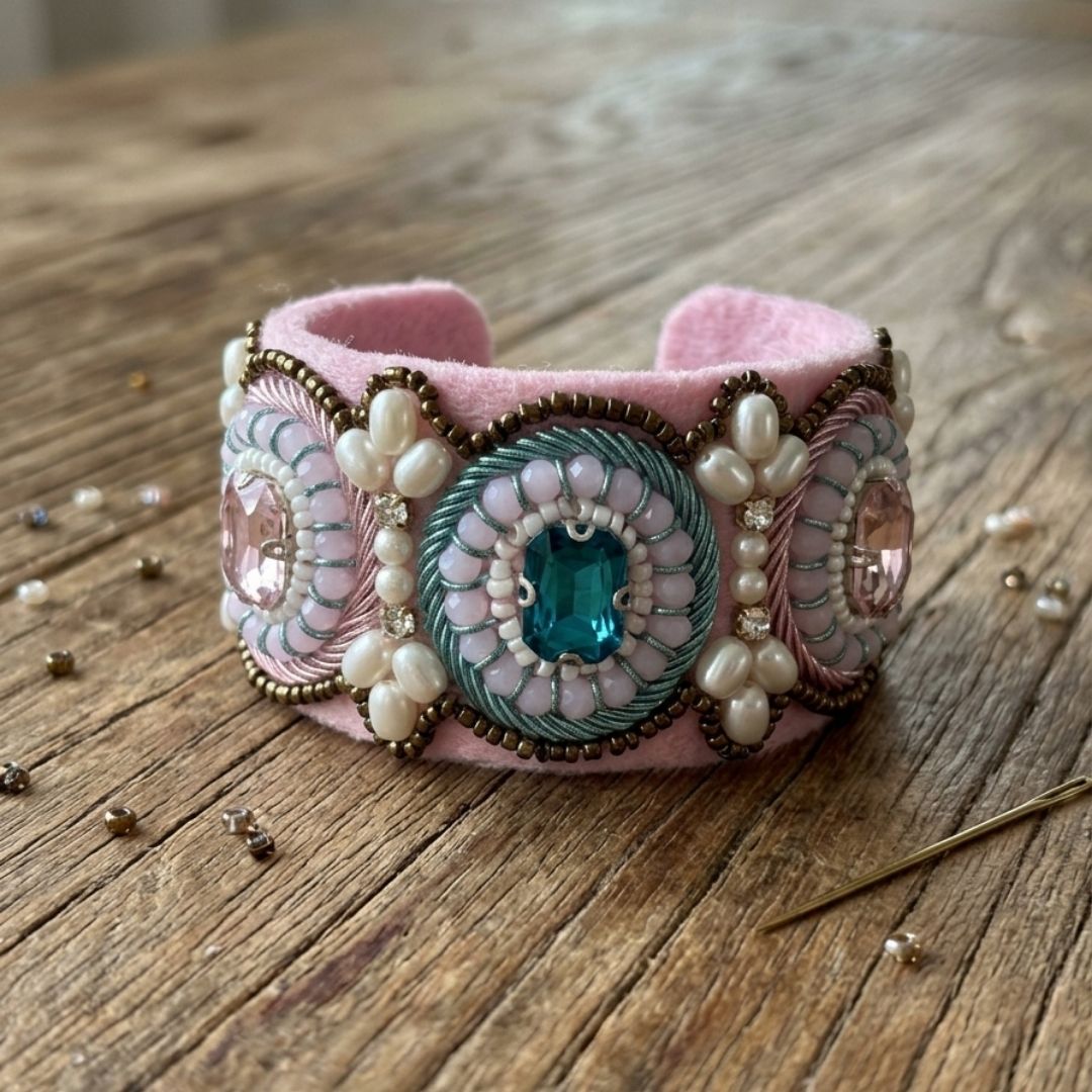 Blush Pink Handcrafted Beaded Statement Cuff