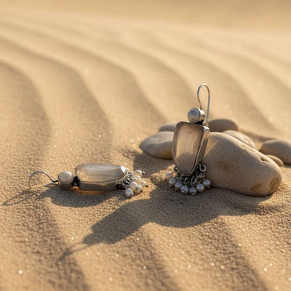 Oxidized Light Brown Stone & Pearl Danglers