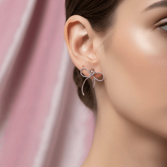 Silver Ribbon Bow Stud Earrings