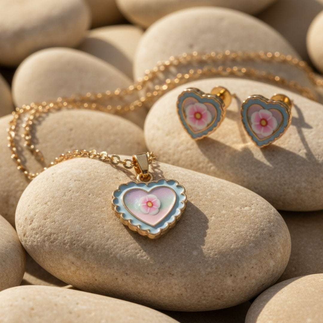 Pastel Heart Flower Jewelry Set – Kids Necklace & Earrings